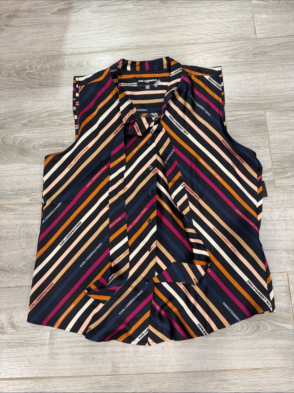 Karl Lagerfeld Navy Multi-Stripe Tie-Neck Sleeveless Blouse size L